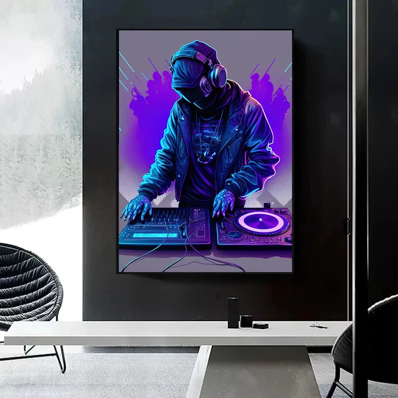 Framed artwork of a DJ in a modern room with a chair and table.