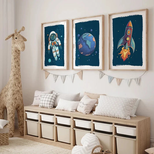 Set of 3 kids space posters featuring astronaut, planet Earth and rocket artwork on a nursery wall.