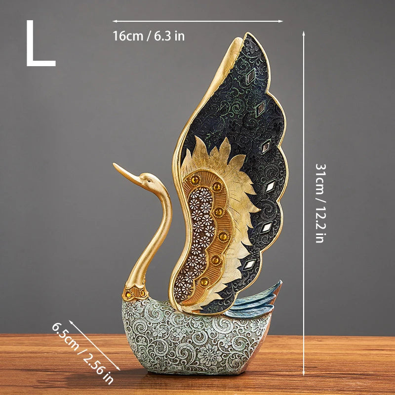 Decorative sculpture of a swan with intricate patterns and measurements on a gray background