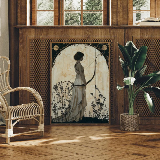 Vintage Artemis wall art poster featuring the Greek goddess of hunting in a classical mythology illustration