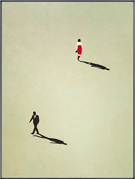 Two silhouettes of people walking on a plain background