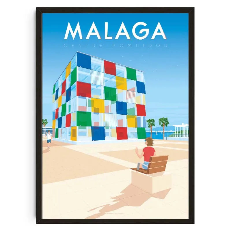 Poster of a colorful building in Malaga with a person sitting on a bench.