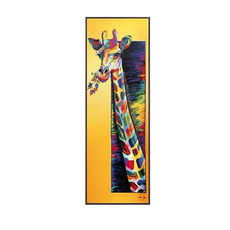 Colorful painting of a giraffe on a yellow background