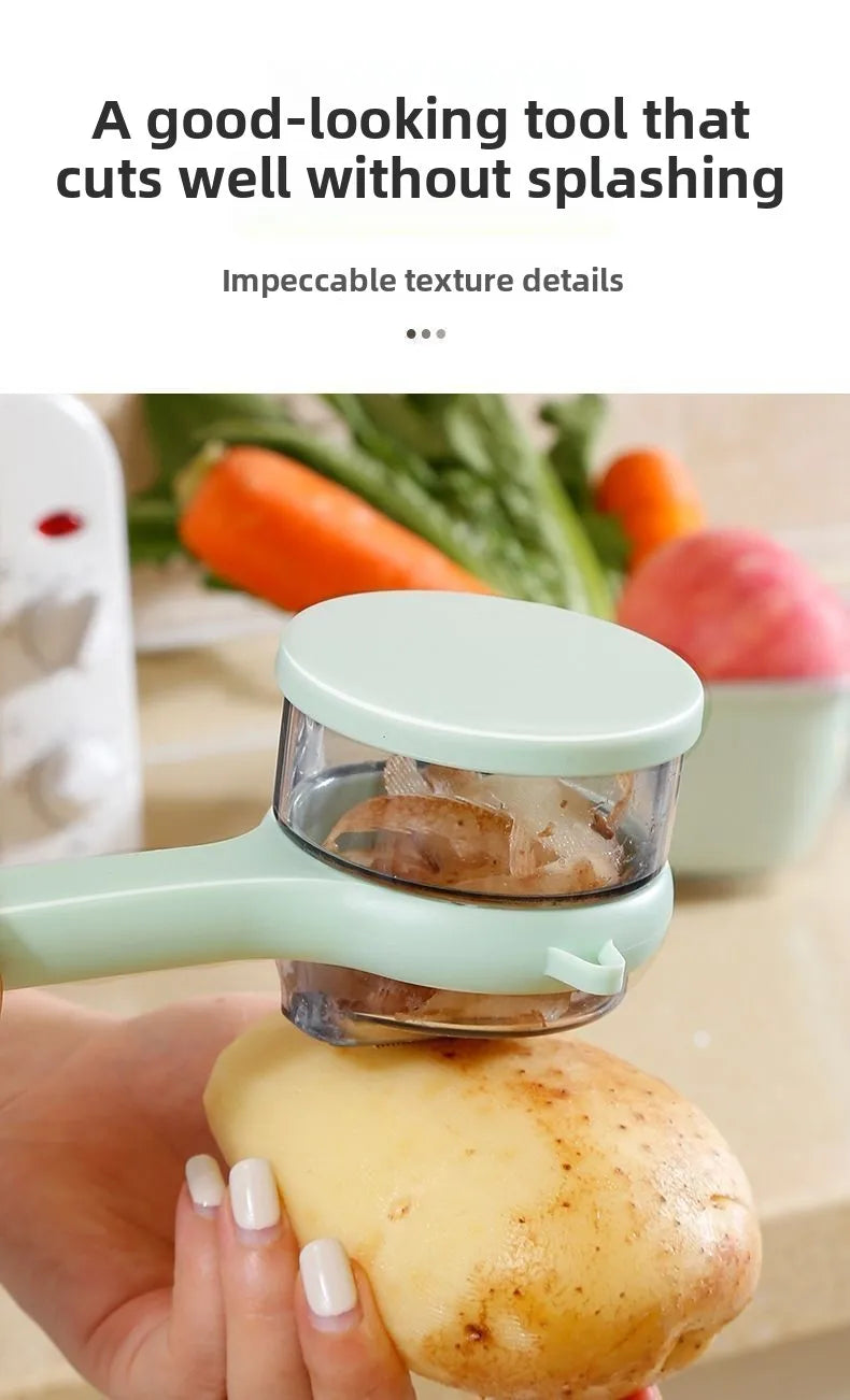 Vegetable peeler cutting a potato with text about its effectiveness and texture details.