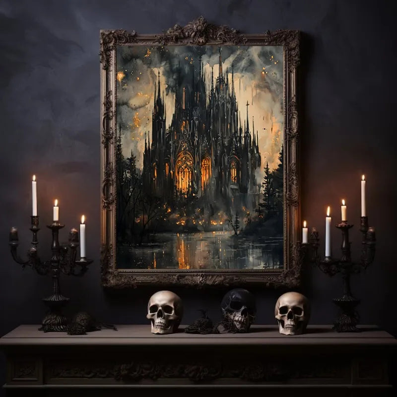 Framed artwork of a gothic cathedral with candles and skulls on a dark background