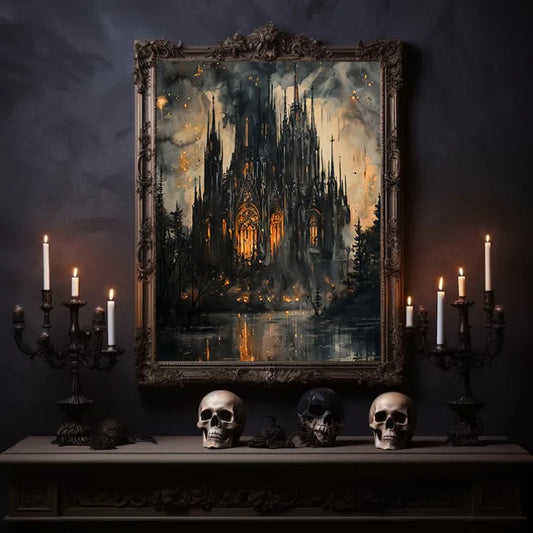 Framed artwork of a gothic cathedral with candles and skulls on a dark background