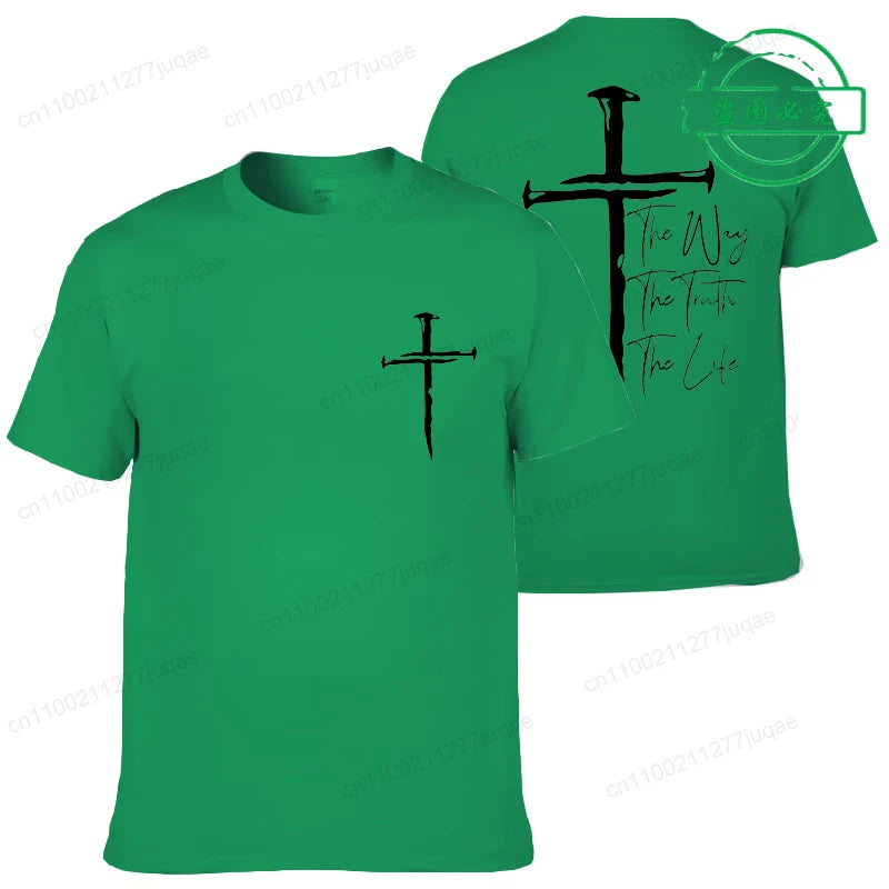 Green t-shirt with black cross design and text on a white background