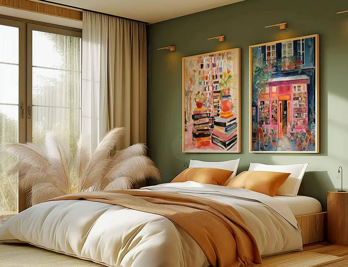 A styled bedroom interior with a large bed dressed in cream bedding and a tan throw, set against a dark green wall with two colorful framed art prints above. A window with beige curtains and pampas grass are visible on the left.