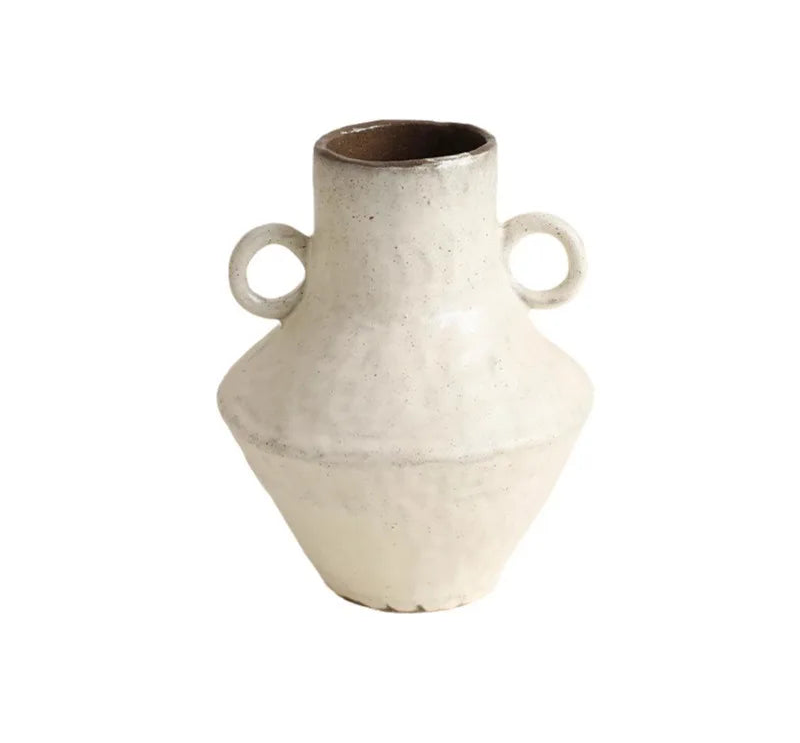 White Wabi-sabi ceramic vase with two handles on a white background
