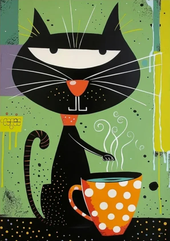 Illustration of a black cat with a polka dot mug on a colorful background