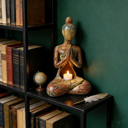 Artistic resin meditating figure ornament with a warm cracked-effect finish and hollow centre designed for a flameless LED candle.