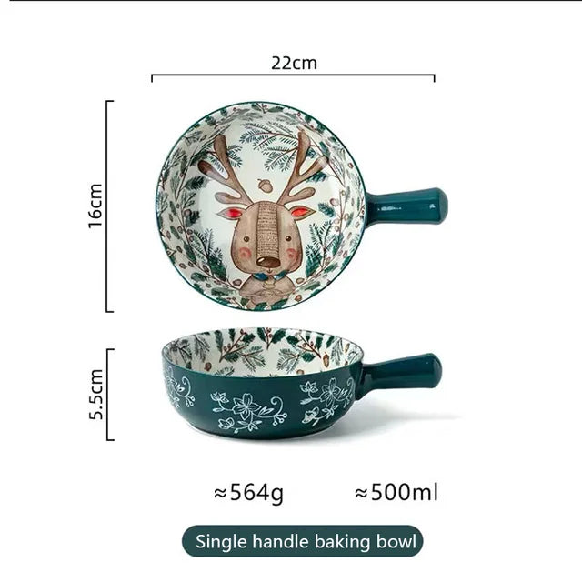 Ceramic baking bowl with deer design and measurements on a white background