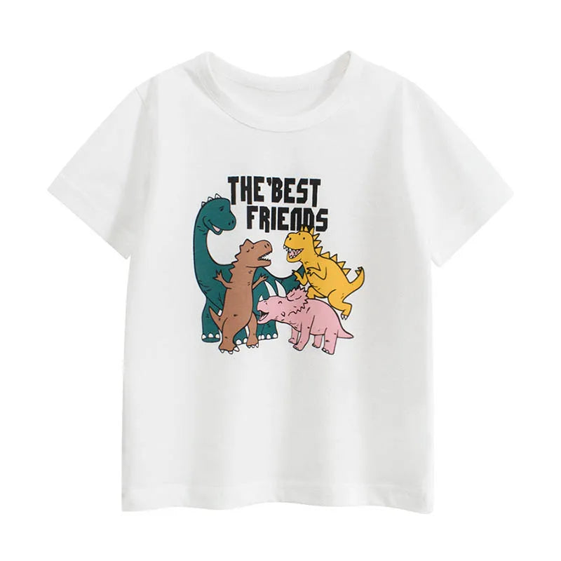 White t-shirt with dinosaur graphic and 'The Best Friends' text on a white background