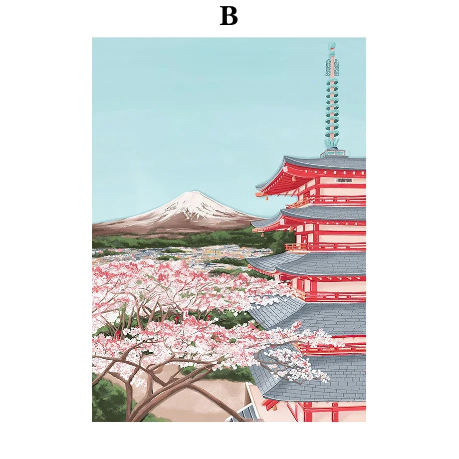 Traditional Japanese temple with cherry blossoms and Mount Fuji in the background
