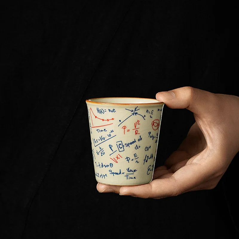 Hand holding a ceramic cup with mathematical equations on a black background