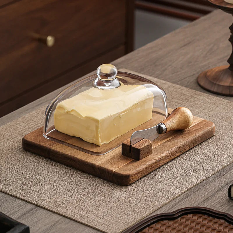 Acacia wood butter dish with clear glass dome and serving knife