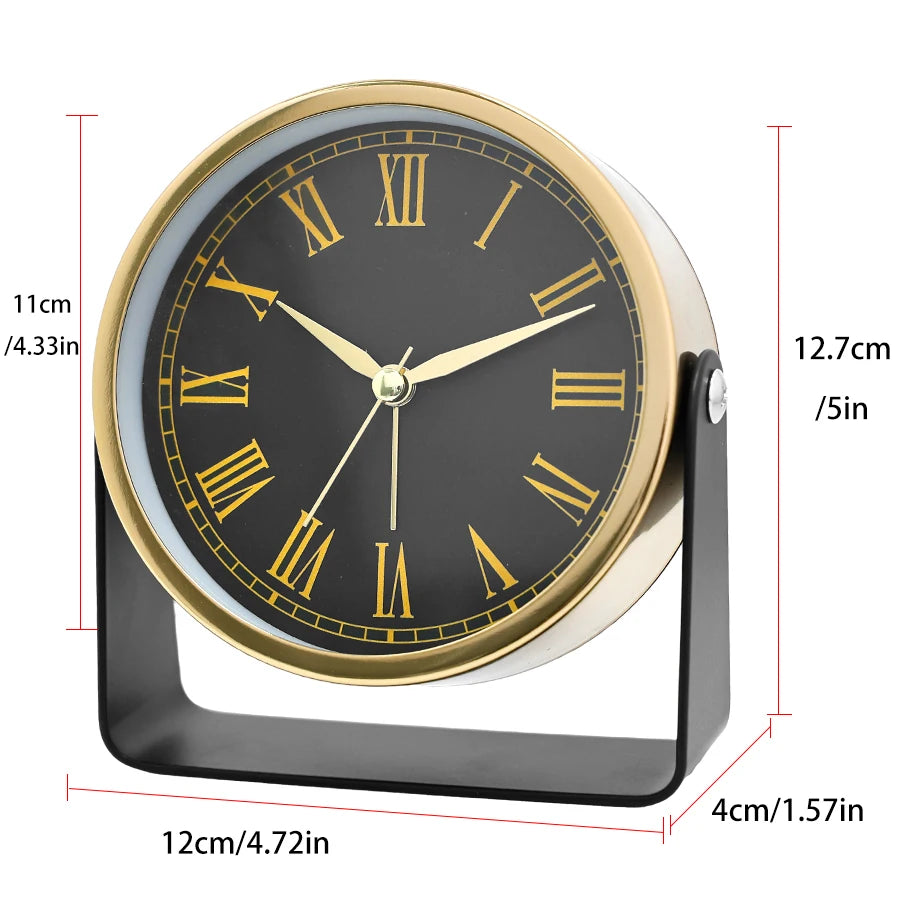Table clock with black face, gold hands, and measurements on a white background