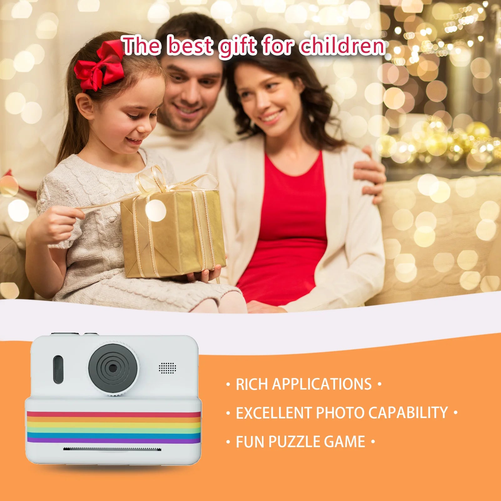 Family with a child holding a gift, with a camera and text about its features on an orange background.