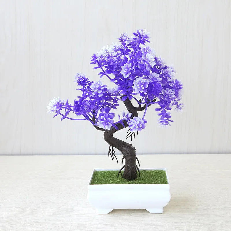 Bonsai tree with purple flowers in a white pot on a light background