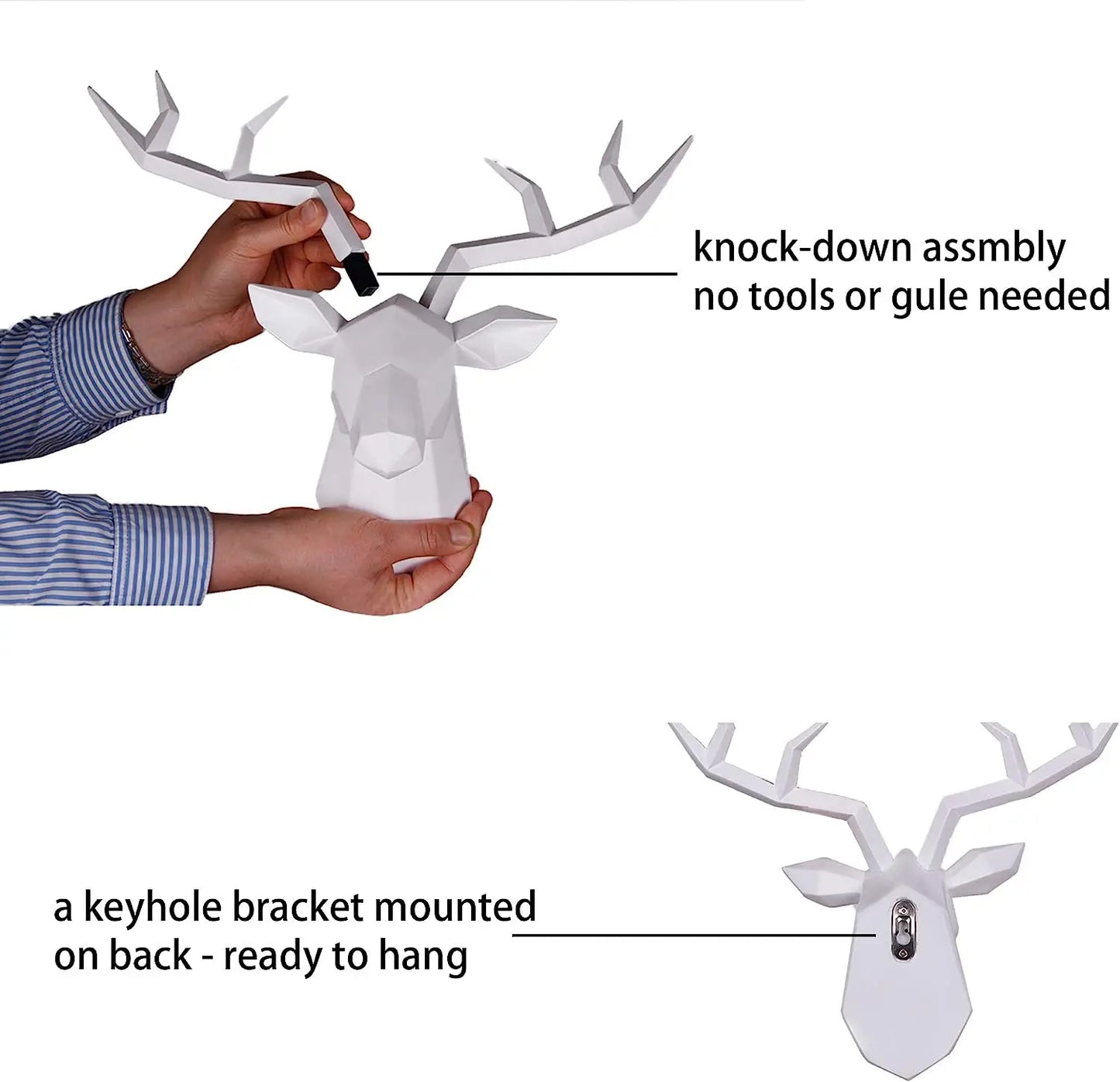 White deer head wall decoration with instructions on assembly and mounting.