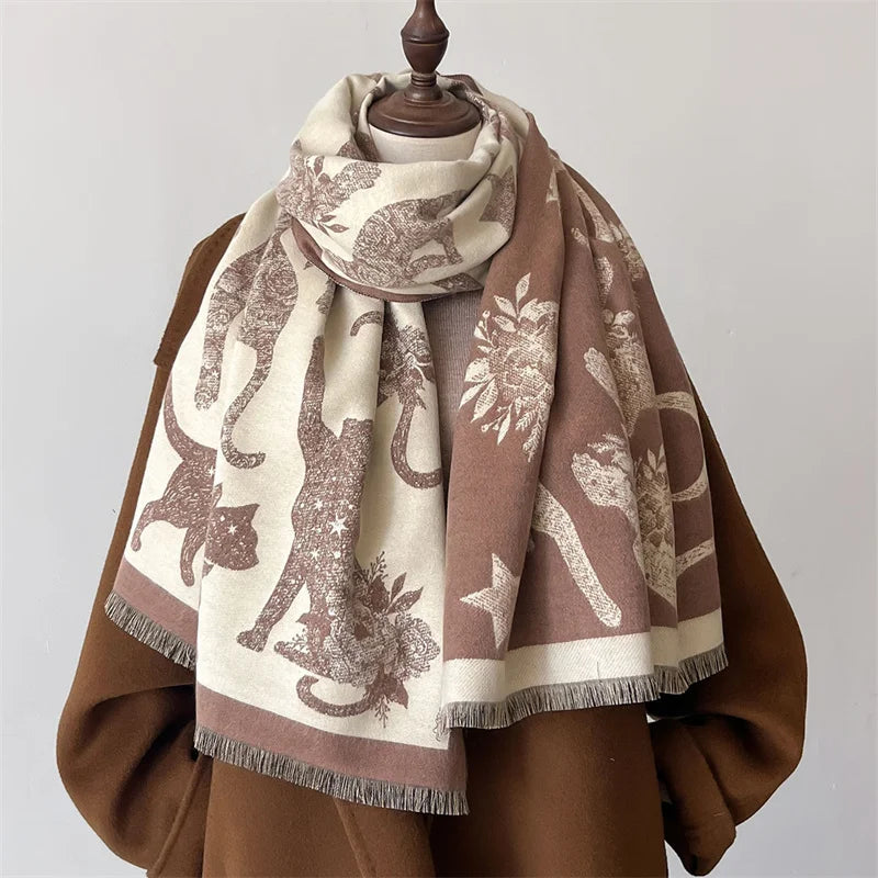 Women’s winter cat print pashmina-style scarf in soft polyester