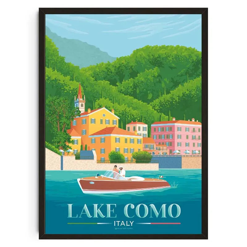 Poster of Lake Como with colorful buildings and a boat on the water.