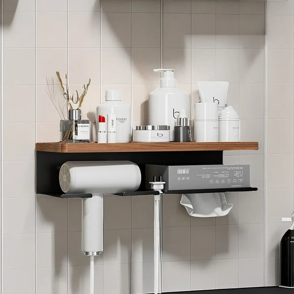 Shelf with various bathroom products against a tiled wall