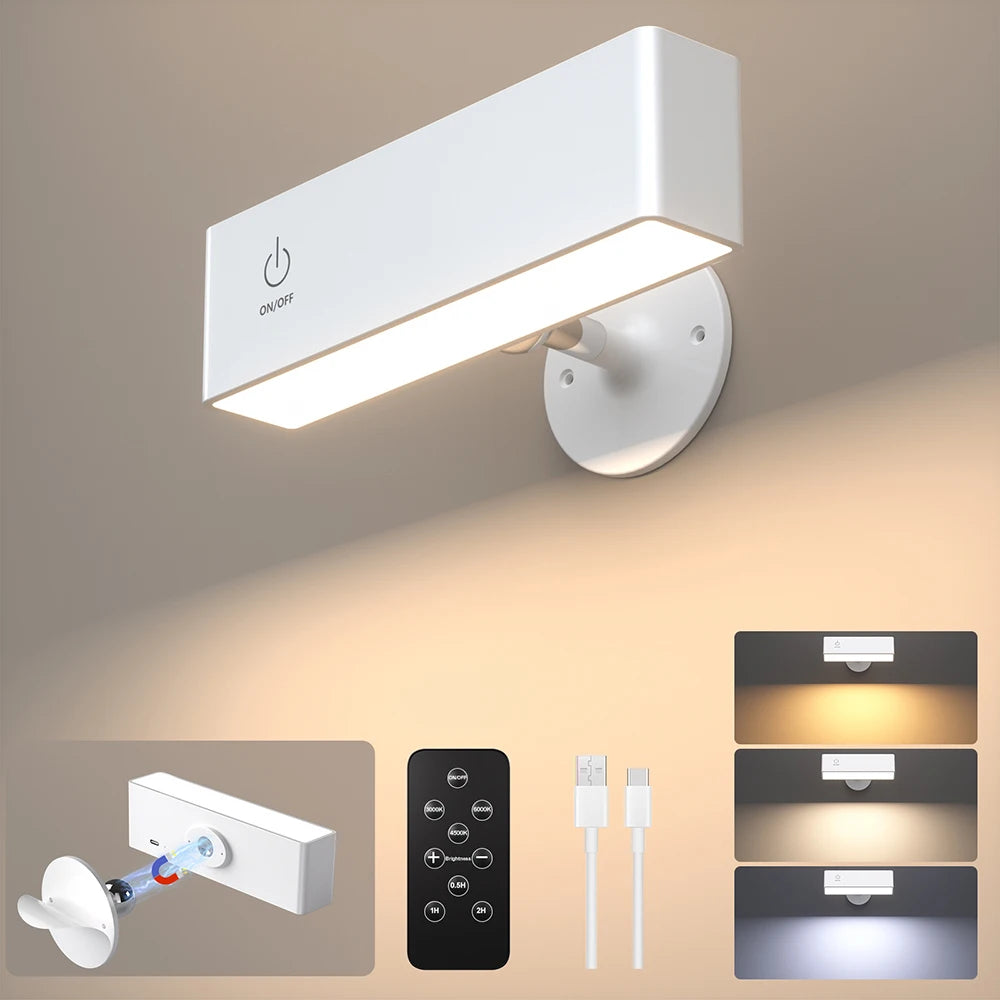Modern rechargeable wall-mounted light fixture with remote control and accessories on a neutral background