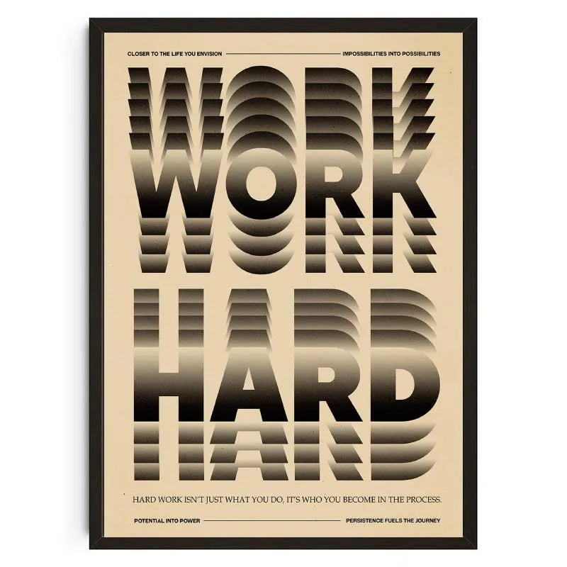 Motivational poster with 'Work Hard' text on a beige background