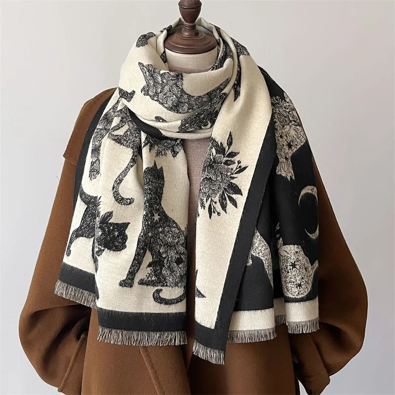 Women’s winter cat print pashmina-style scarf in soft polyester