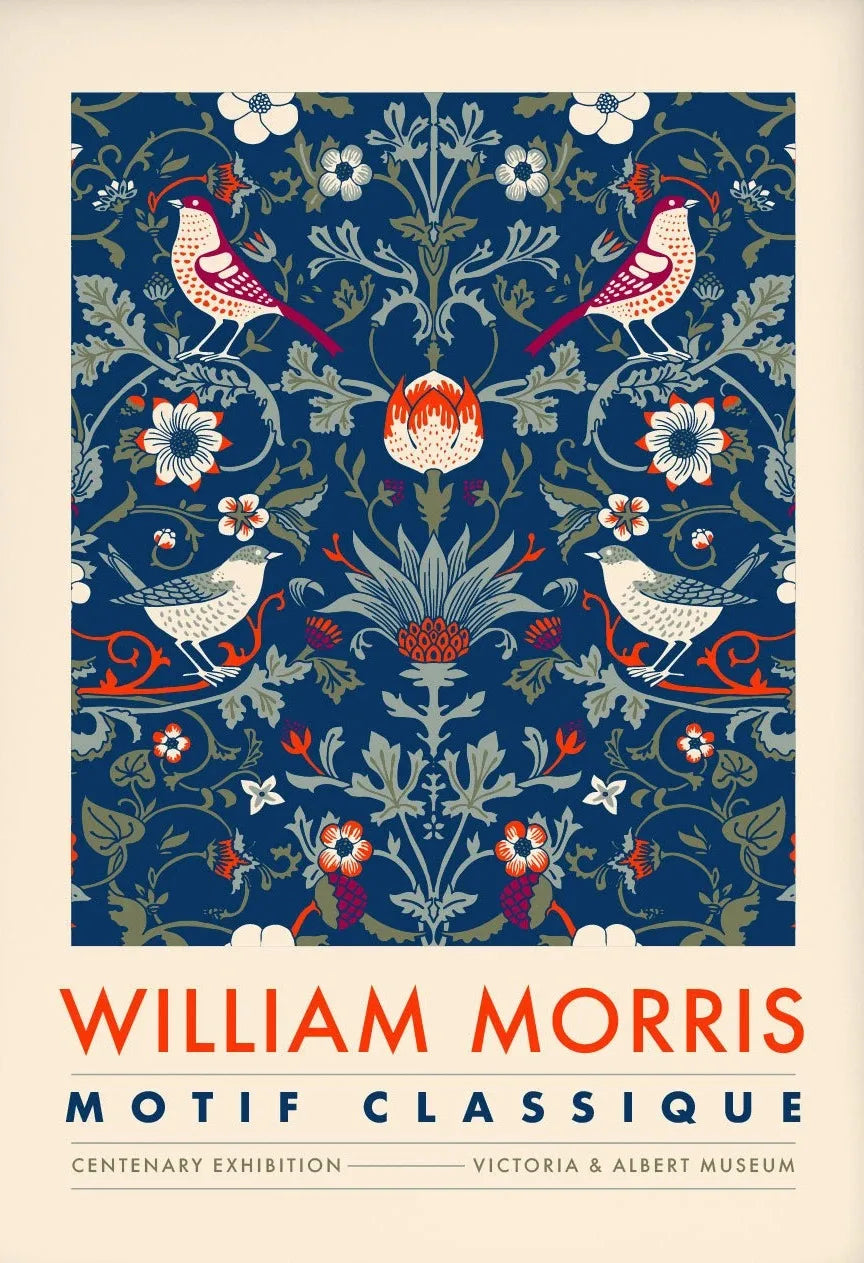 Decorative pattern with birds and flowers on a blue background, featuring the text 'William Morris Motif Classique'.