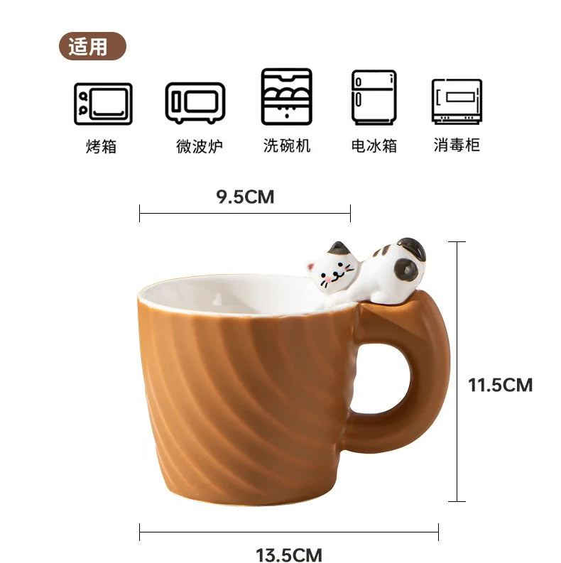Cat-shaped mug with dimensions and usage icons on a white background