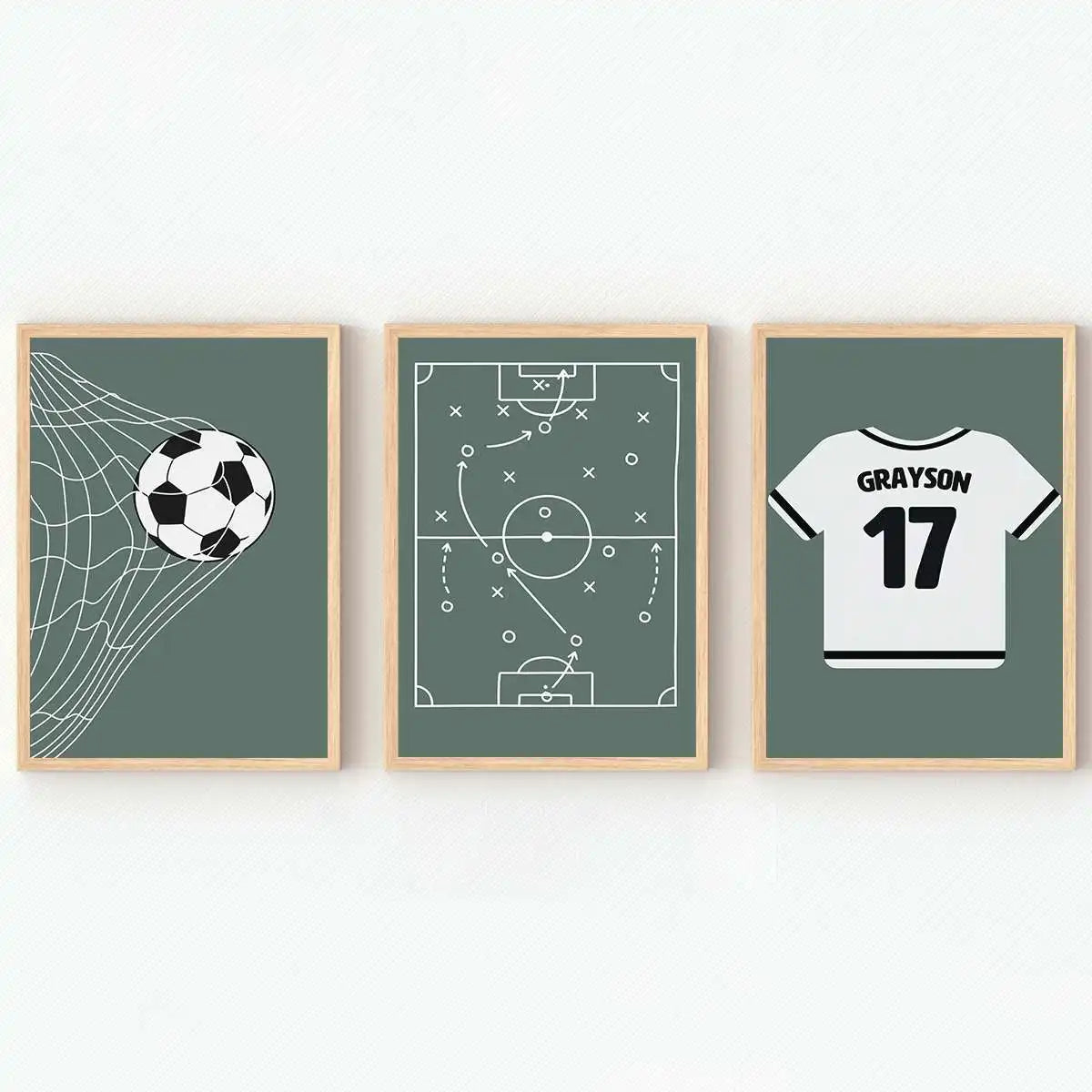 Three framed wall art prints displayed side by side on a white wall. The left print shows a soccer ball net with a black and white soccer ball.