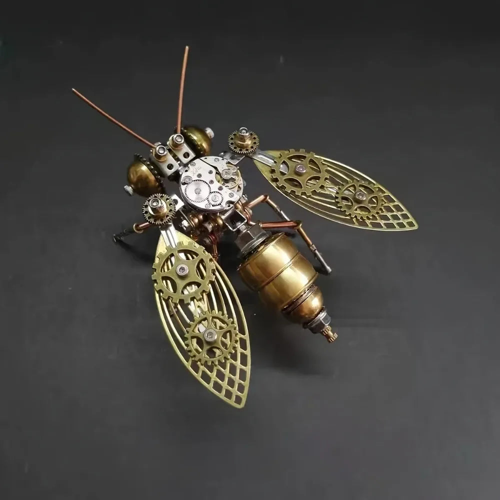 Steampunk-style insect sculpture with mechanical components on a dark background