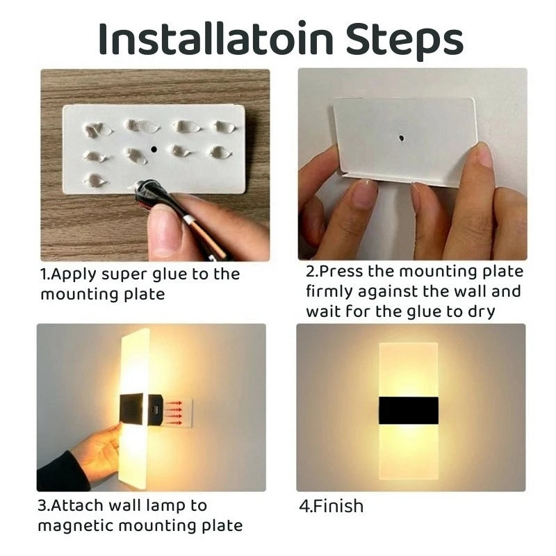 Step-by-step guide on installing a wall lamp with mounting plate and super glue application.
