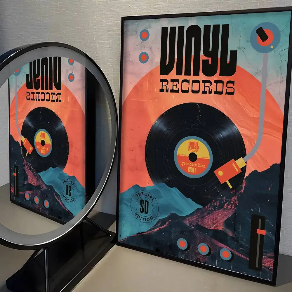 Vinyl record and cover with 'Vinyl Records' design on a gray surface.
