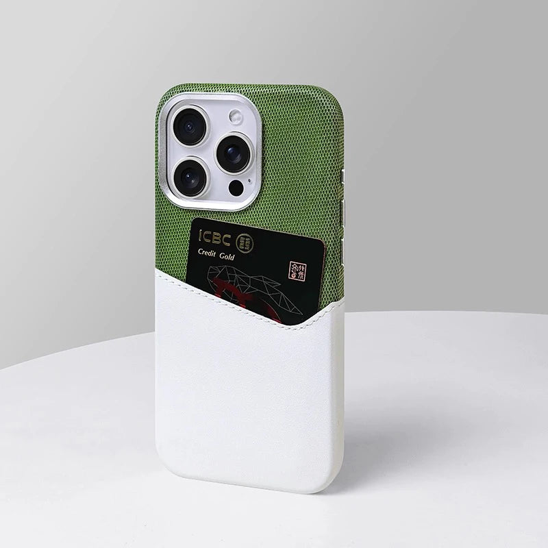 Phone case with green top half and white bottom half on a light gray background