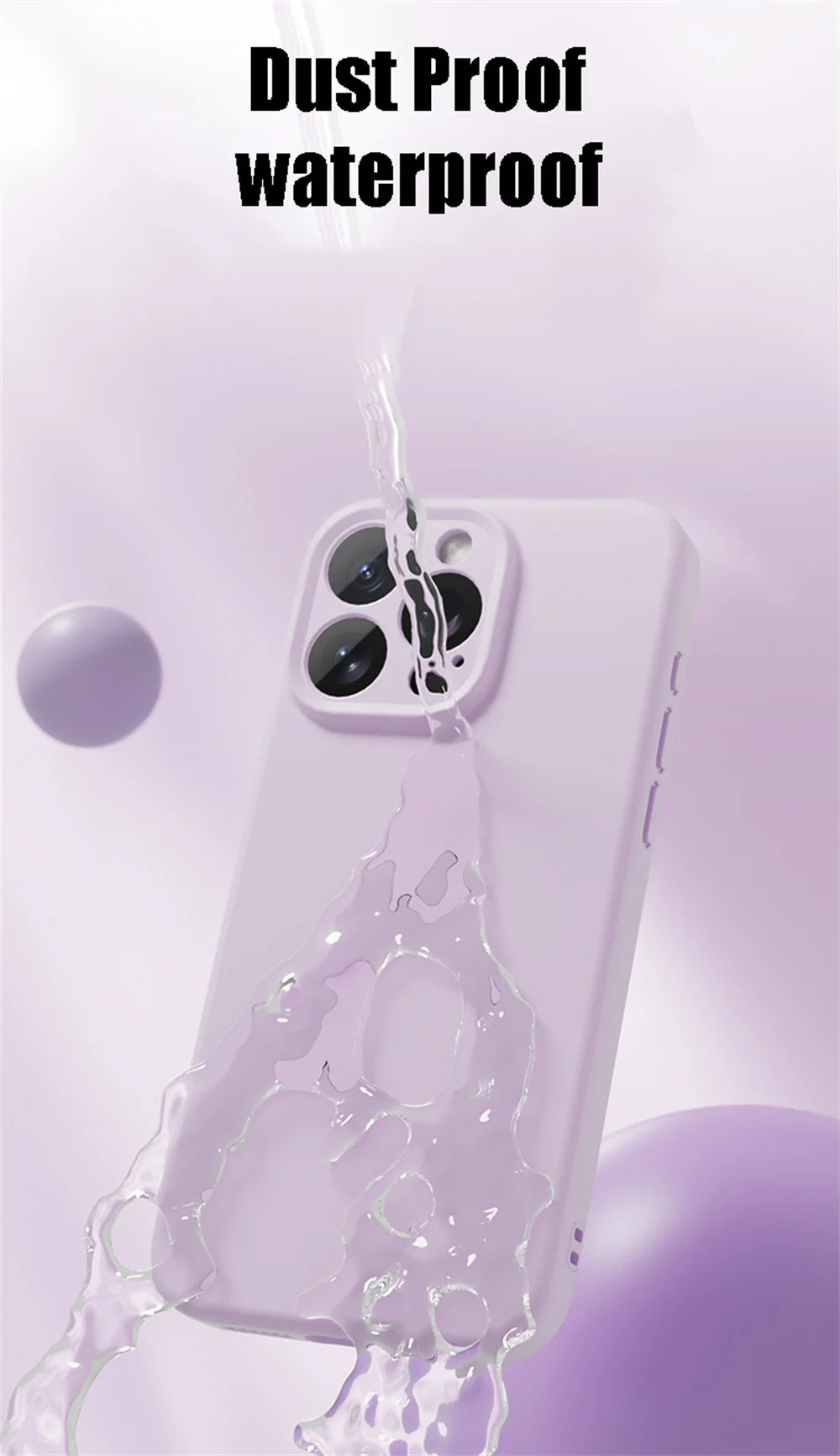 Smartphone with water splashing around it against a light purple background, emphasizing dust-proof and waterproof features.