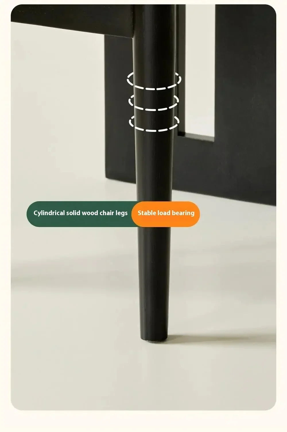 Cylindrical solid wood chair leg with text labels on a neutral background