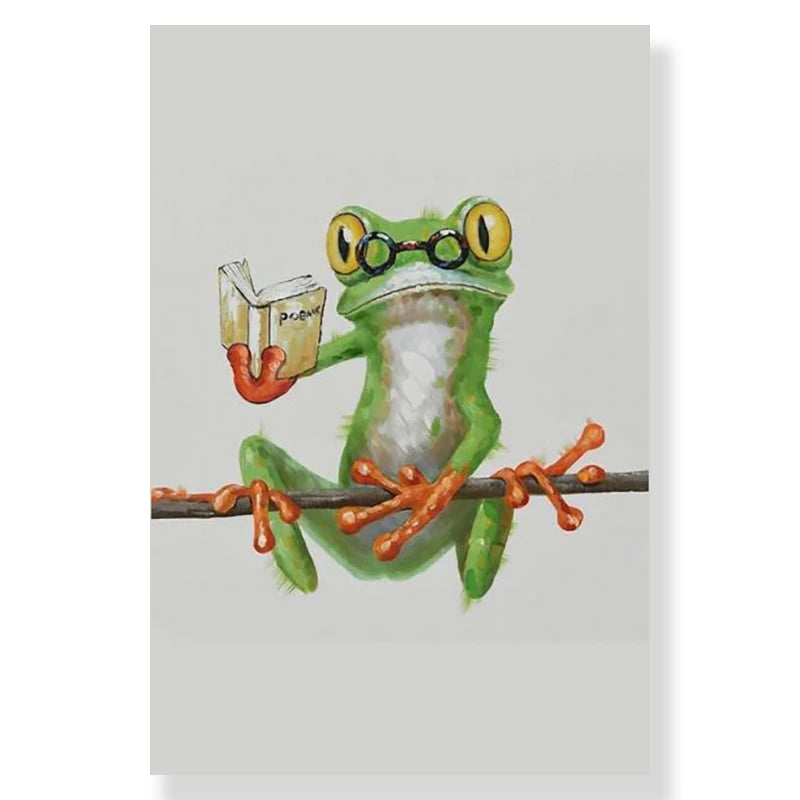 Illustration of a frog reading a book on a branch with a light gray background