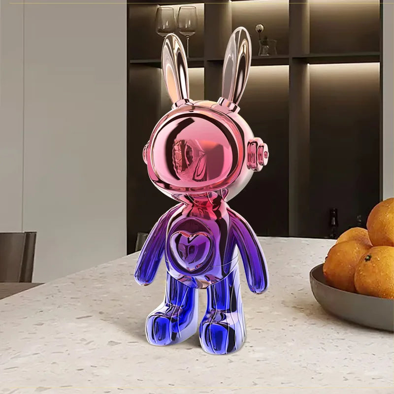 Colorful rabbit-shaped object on a table with a blurred background