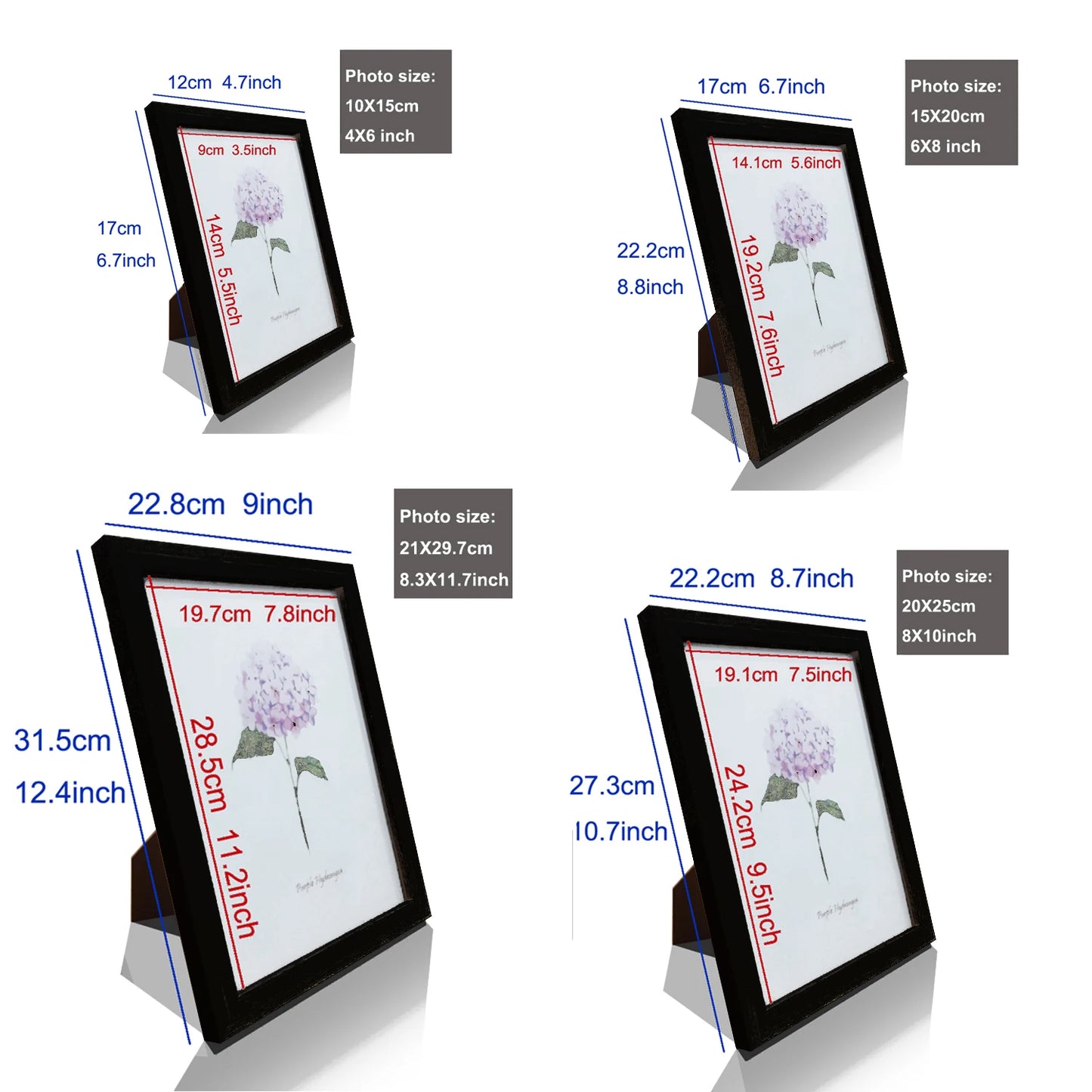 Set of black photo frames with measurements and photo size indicators on a white background