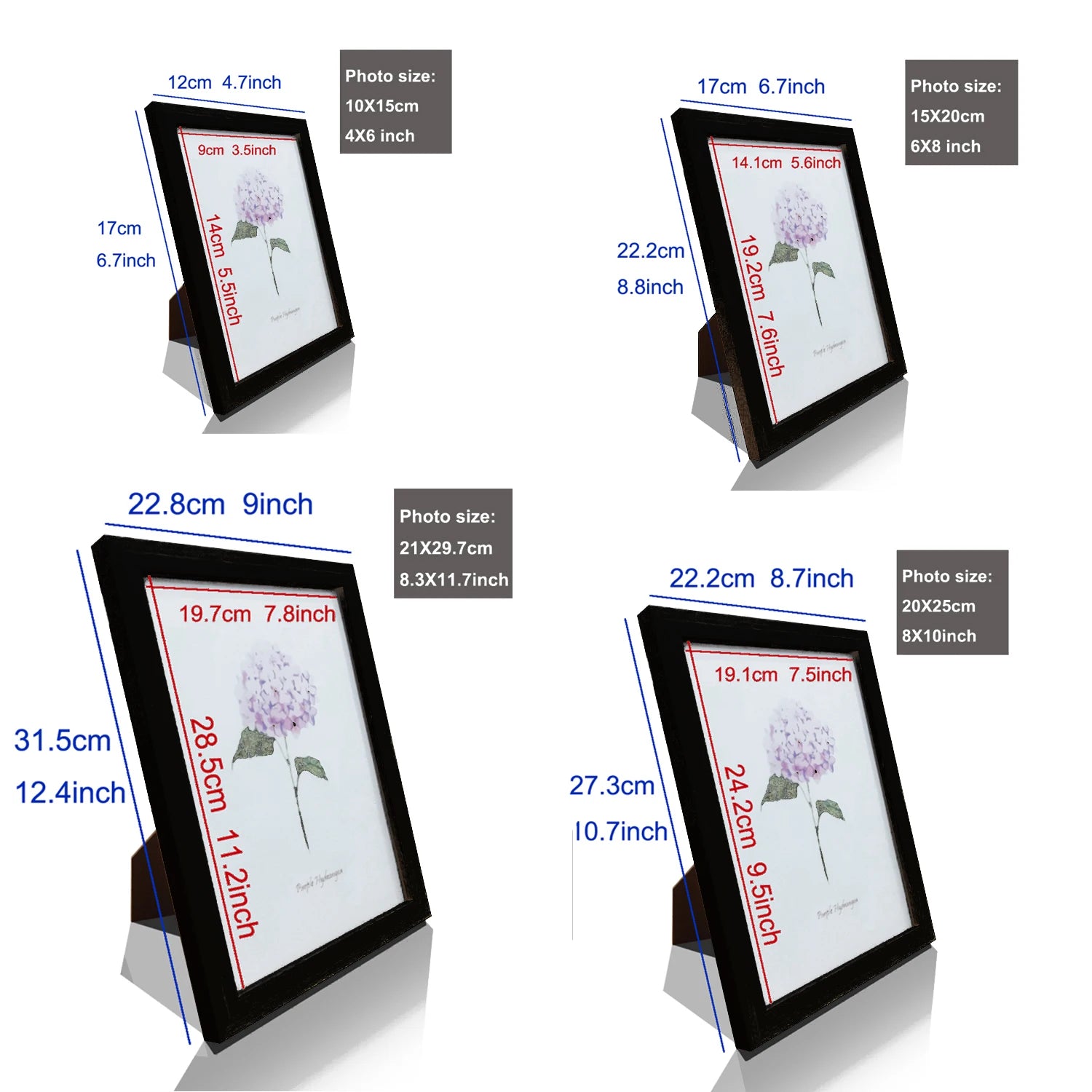 Set of black photo frames with measurements and photo size indicators on a white background