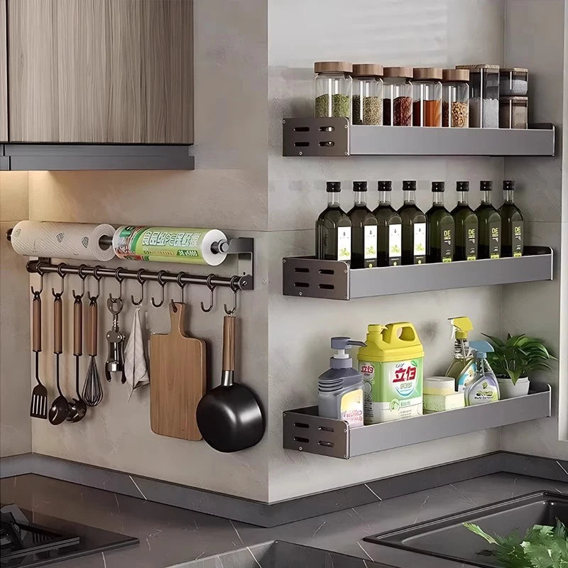Kitchen wall storage solution with shelves and hooks