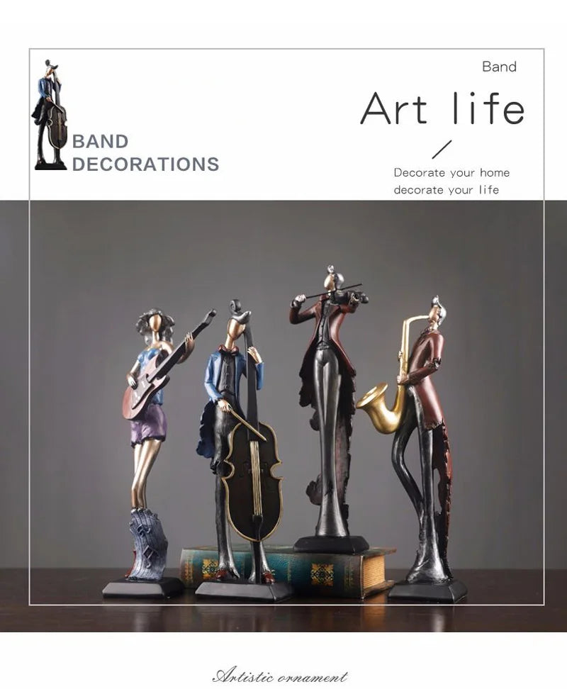 Decorative figurines of musicians with instruments on a dark surface, featuring 'Band Decorations' branding.