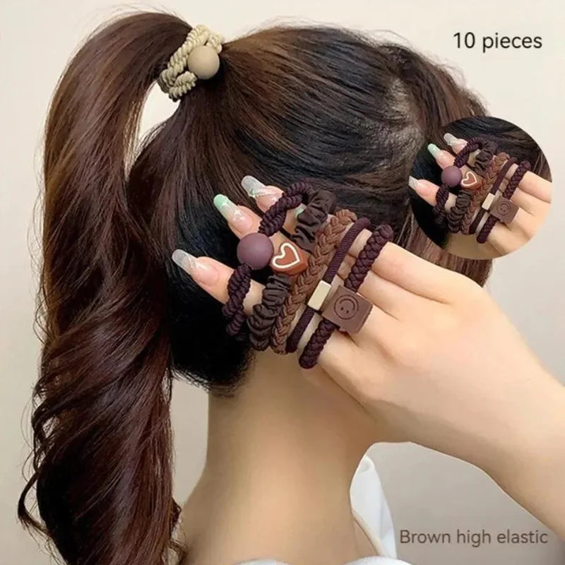 Person with a ponytail wearing brown hair ties, with text indicating '10 pieces' and 'Brown high elastic'.