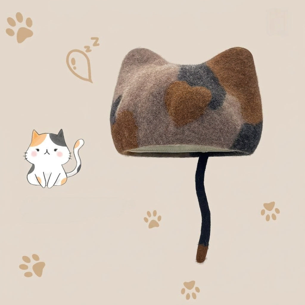 A wool cat hat with cat ears, a calico pattern in brown, beige, and gray, and a long black tail, shown on a beige background with paw prints and a cartoon cat. 