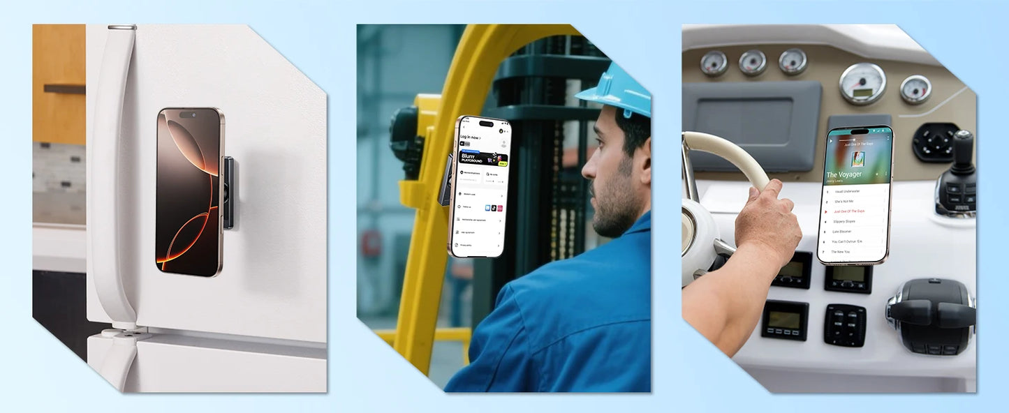 Collage of a refrigerator, a person using a smartphone in an industrial setting, and a control panel with a smartphone.