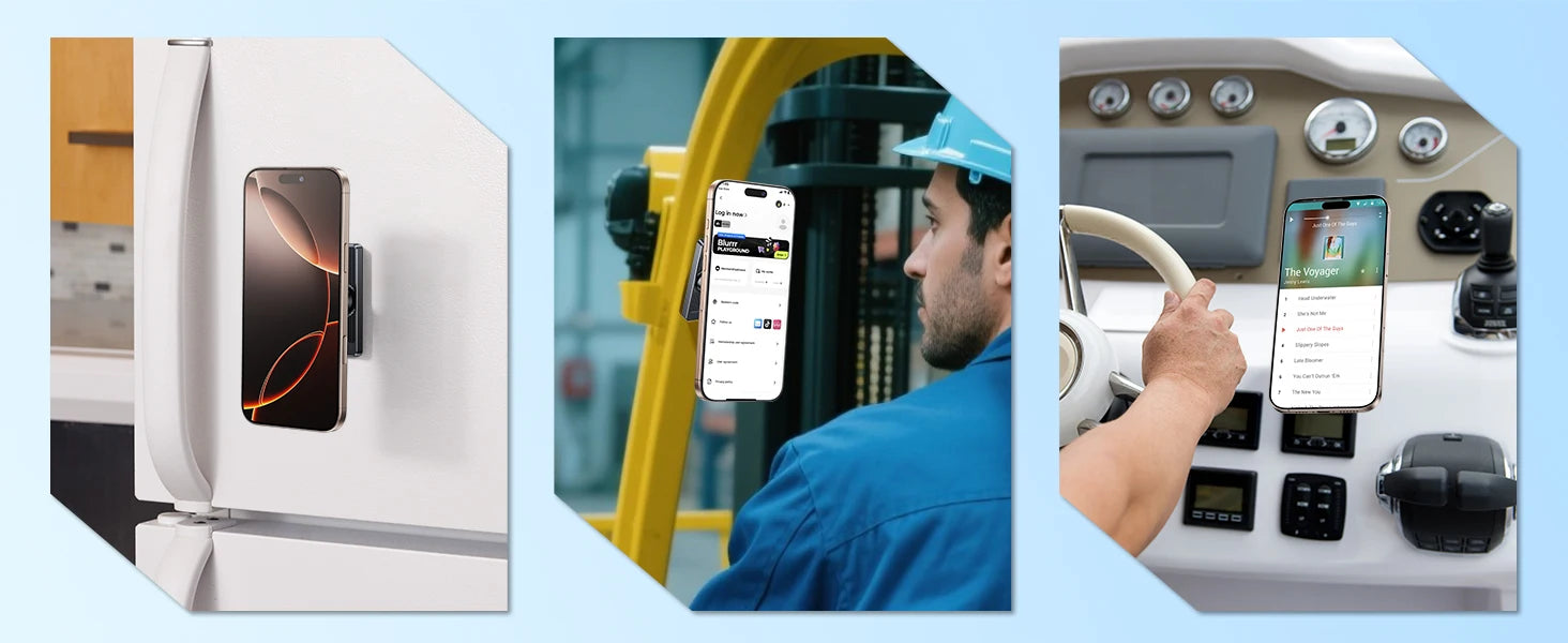 Collage of a refrigerator, a person using a smartphone in an industrial setting, and a control panel with a smartphone.