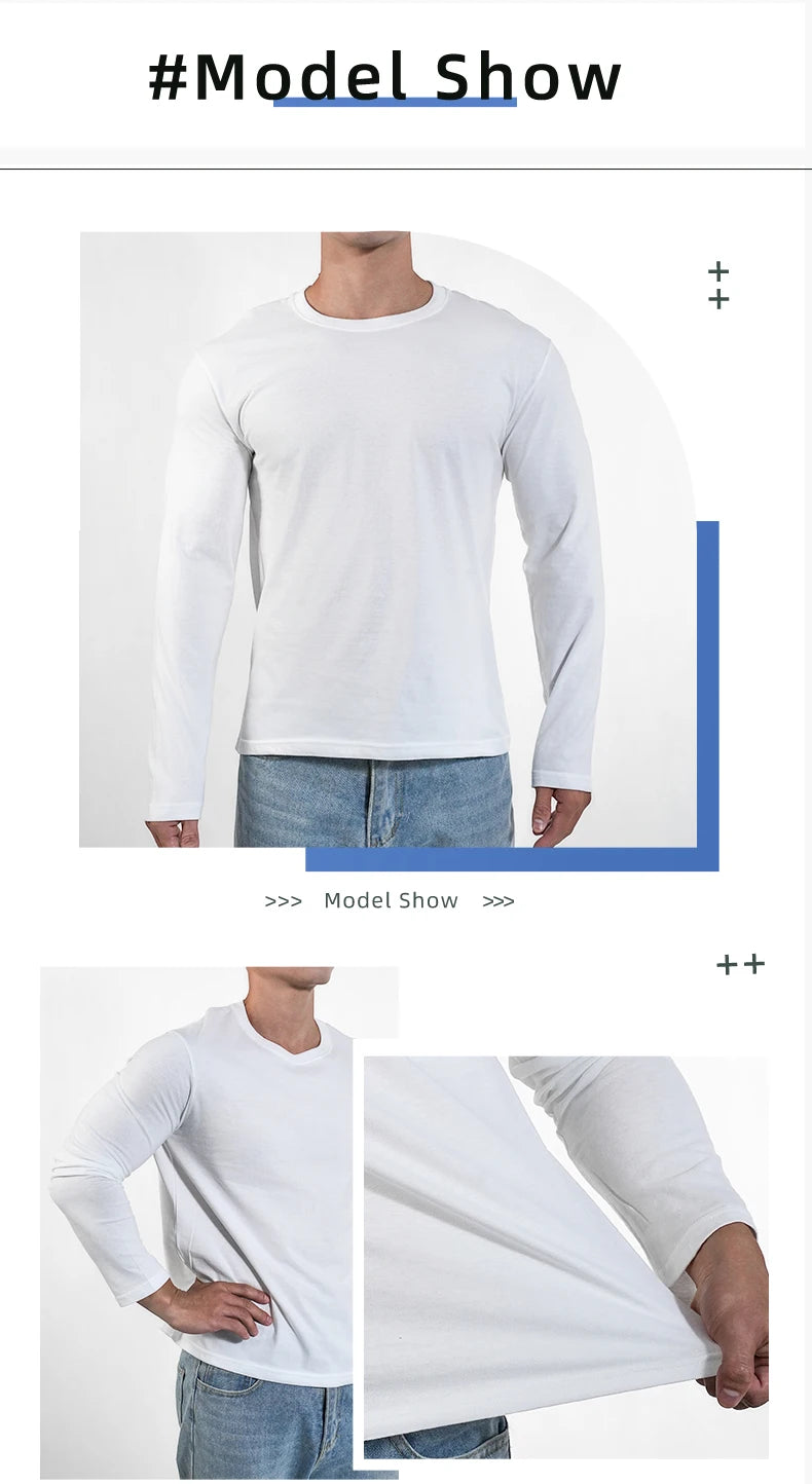 men’s white long sleeve cotton crew neck t-shirt casual fit